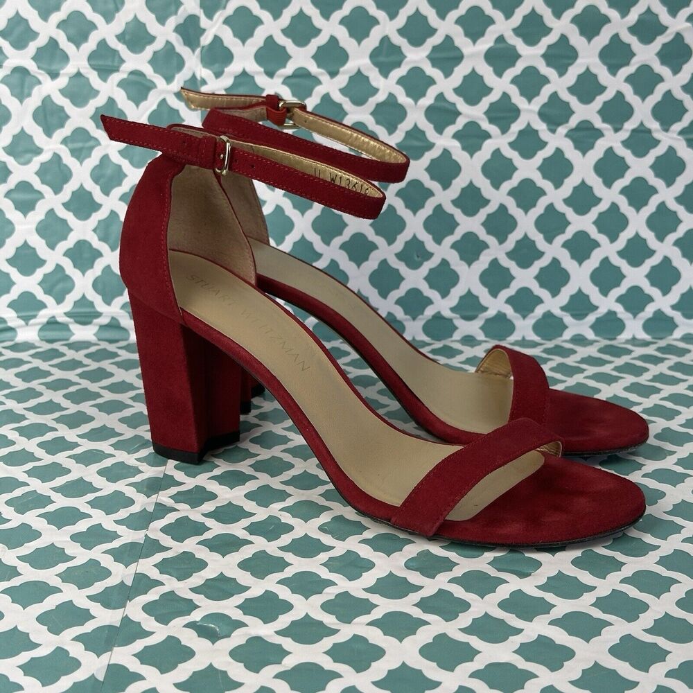 Stuart Weitzman Simple Sue Red Suede Block Heels Women’s Size 8.5 M Strappy